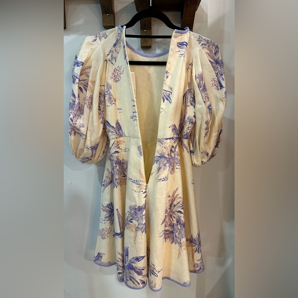 NWT Zimmermann Linen Day Mini Dress Pearl Palm Toile Puff Sleeve AU 0P (US 2) - Picture 6 of 11